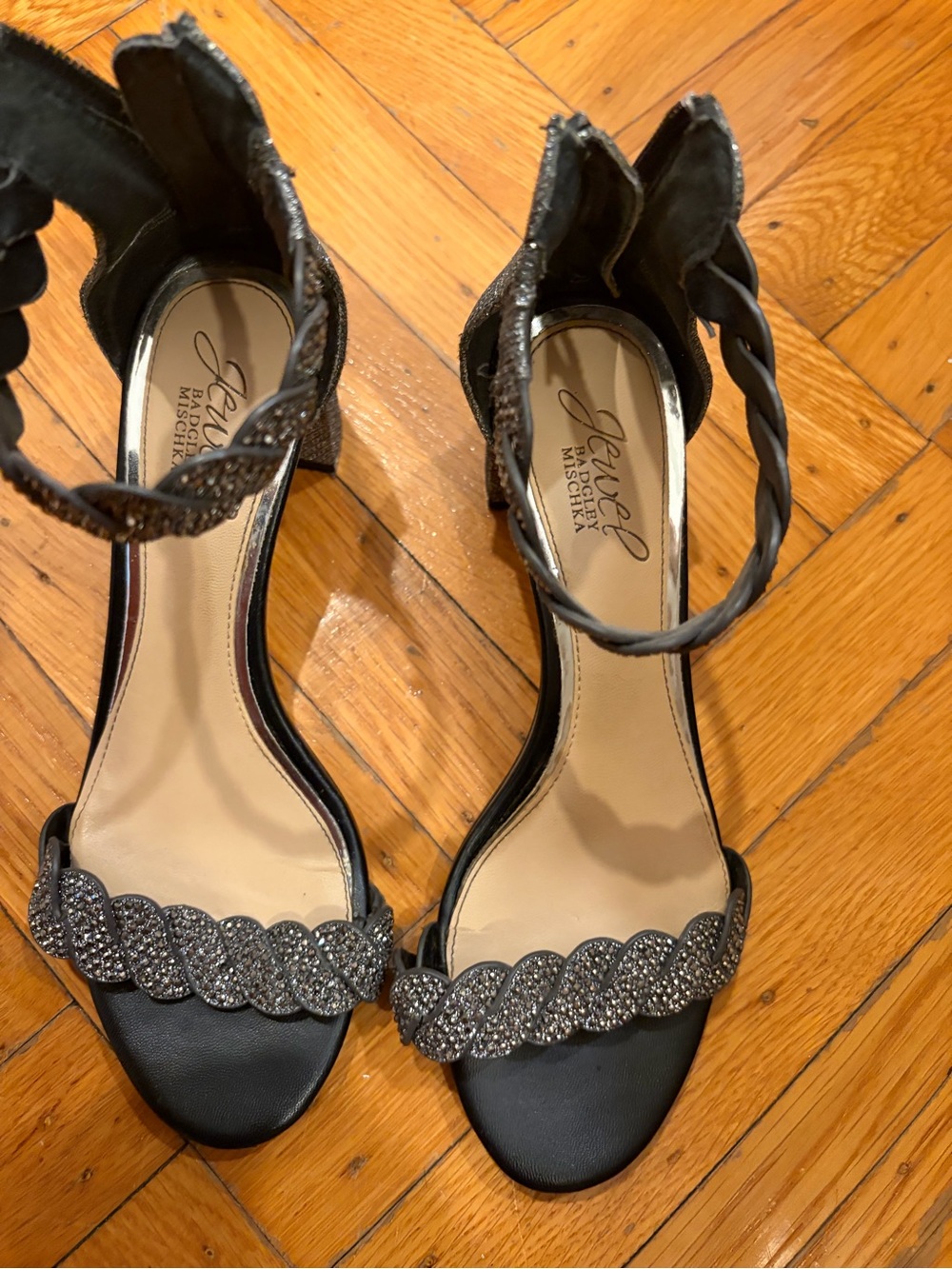 Jewel Badgley Mischka Black Crystal Braided Ankle-Strap Heels